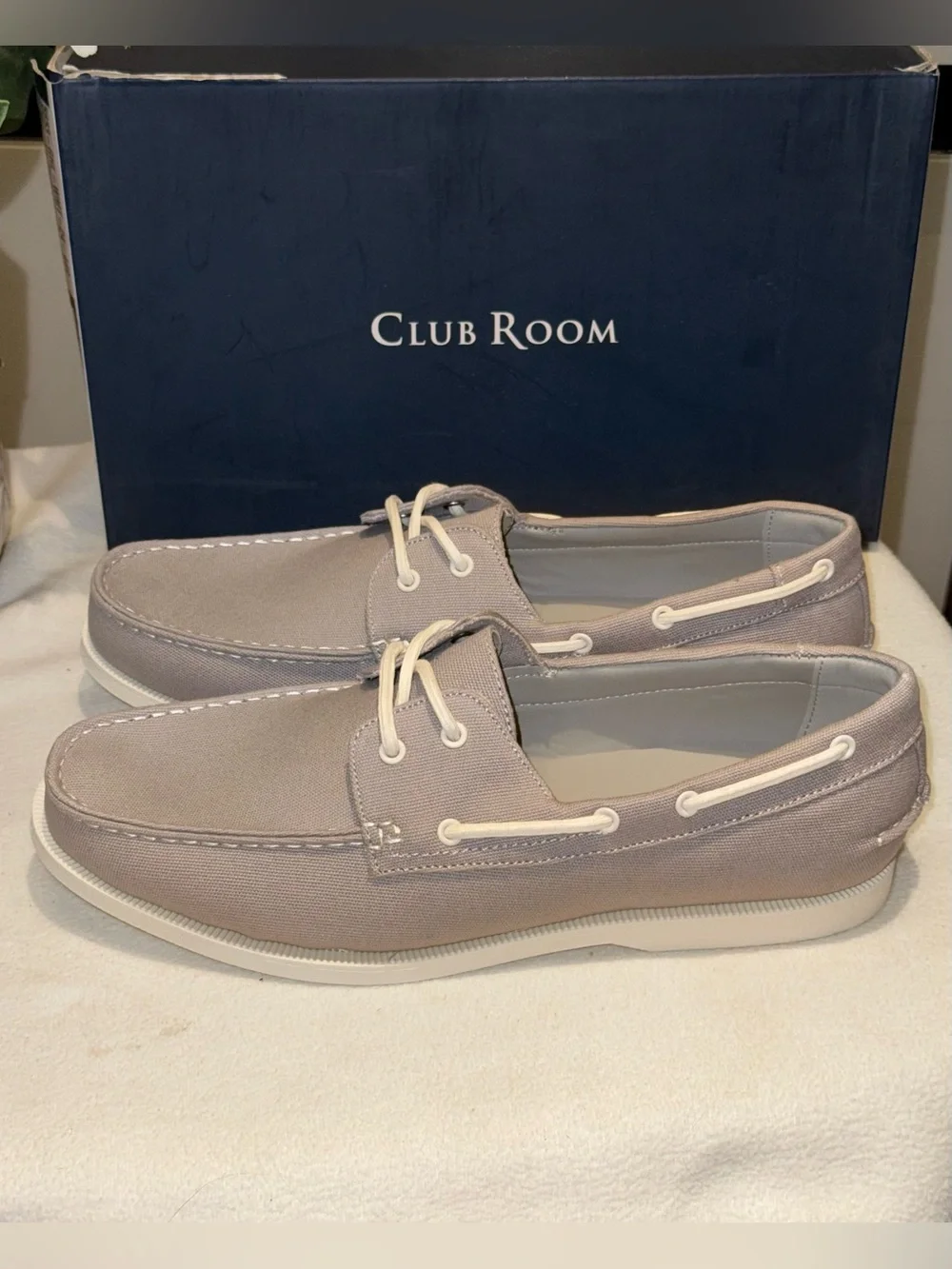 Club Room Taupe Canvas Men’s Boat Shoes with White Laces